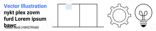 Innovation, workflow, technical processes, brainstorming, problem-solving, design thinking. Gear, light bulb divided rectangle in simple line style. Innovation and workflow visualization