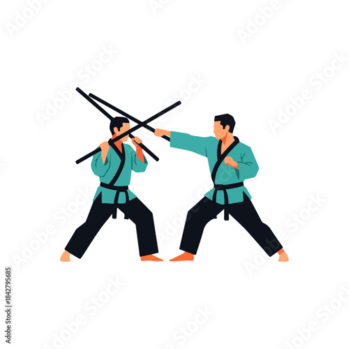 Two Martial Artists Duel with Bo Staffs.