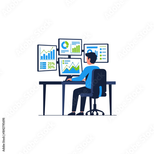Man analyzing data on multiple screens, illustrating business analytics and financial monitoring.