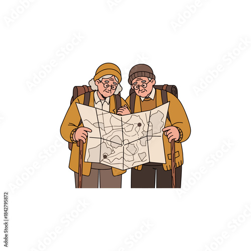 Two hikers studying a map outdoors.