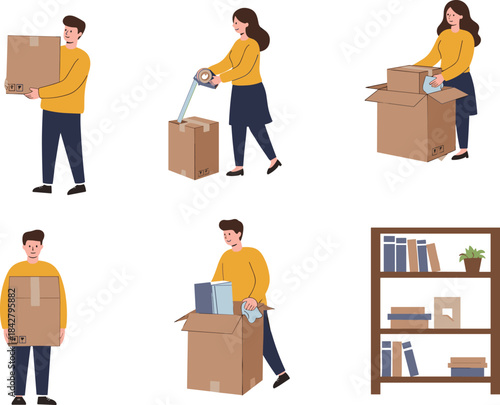 Packing, unpacking, cardboard box, organizing, moving day, shelf setup, storage, relocation, silhouette, character, step-by-step, home, tidy, illustration, minimal, instructional