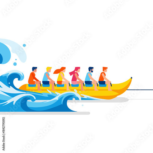 Yellow Rowing Boat With Rowers On Ocean Waves.