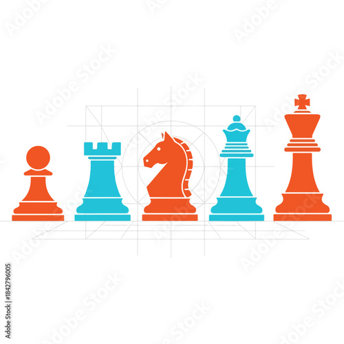 Colorful Chess Pieces Lineup on White Background.