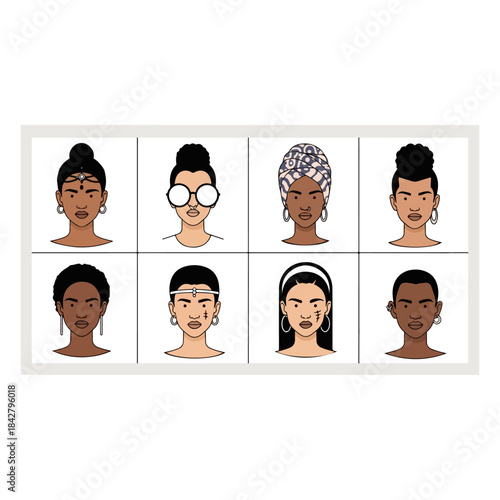 Eight diverse women portraits arranged in grid.