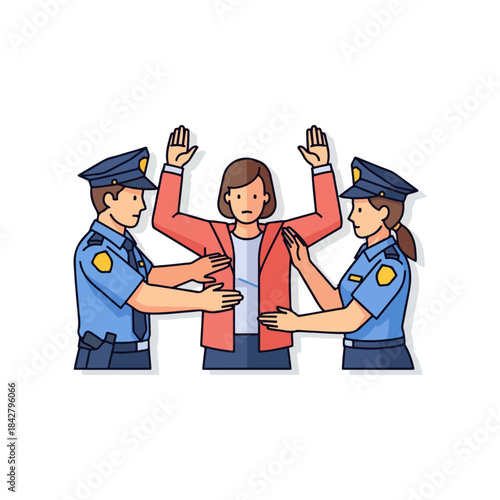 Detained Woman Surrounded by Police Officers Illustration.