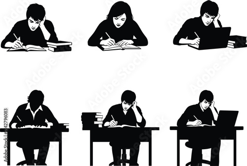 Studying, working, reading, writing, laptop, desk, books, silhouette, character, education, focus, student, learning, productivity, minimal, illustration