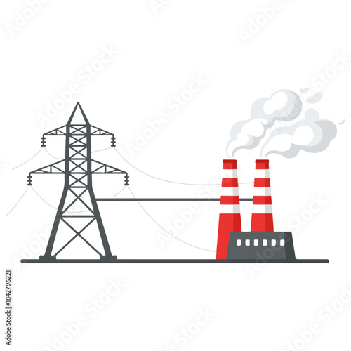 Industrial power plant with smoking chimneys and electricity pylon.