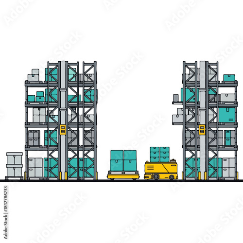 Industrial warehouse shelving with pallets and forklift.