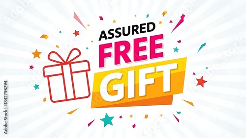 Wallpaper Mural Vibrant Assured Free Gift Promotion Banner Design with Confetti and Wrapped Present Box for Marketing Campaigns and Special Offers Torontodigital.ca