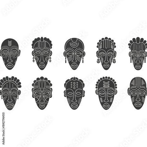 Row of African tribal masks in pattern.