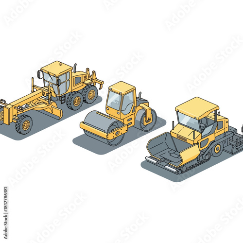 Set of Yellow Construction Vehicles on White Background.