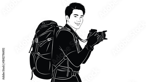 A young man with a backpack and camera is depicted in a minimalist black and white style