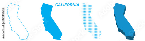 California Map Vector Set, USA Outline Silhouette Dotted 3D Solid Shapes, California State Infographic Template, Editable EPS California Geography