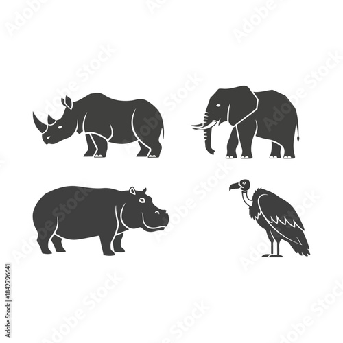 Wildlife Silhouettes of Rhinos Hippo and Heron.