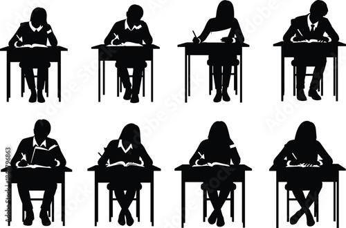 Writing, student, exam, classroom, desk, silhouette, education, test, notebook, posture, academic, minimal, character, school, study, illustration