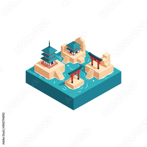 Isometric temple island complex with pagodas and torii gate.