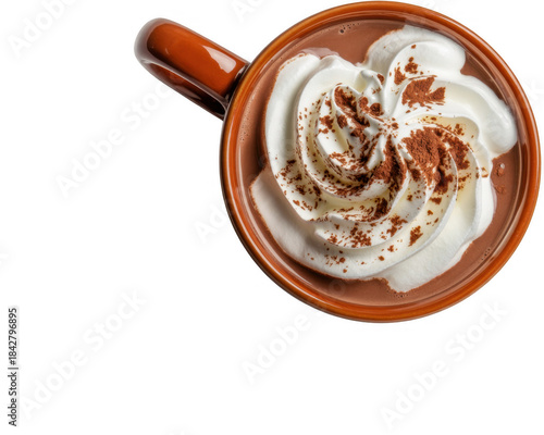Hot chocolate with whipped cream and cocoa powder isolated on a transparent background
