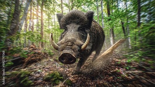 Cinematic scene of a dangerous forest encounter, with a wild boar charging in low-angle dappled light for adventure or thriller themes