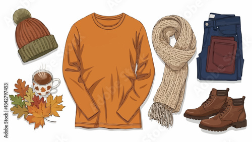 Cozy Autumn Clothing and Hot Drink Ensemble.