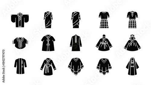 Collection of diverse traditional and modern clothing items icons.