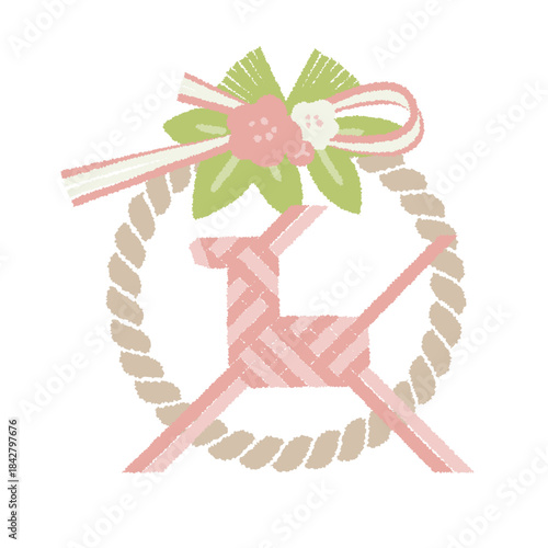 お正月飾り　松竹梅のしめ飾りとイタヤ細工風の馬　パステルカラーのイラスト