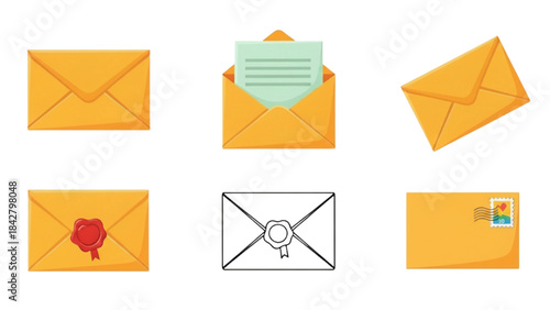Yellow envelope icon set vector illustration. Cartoon mail letter symbols isolated.