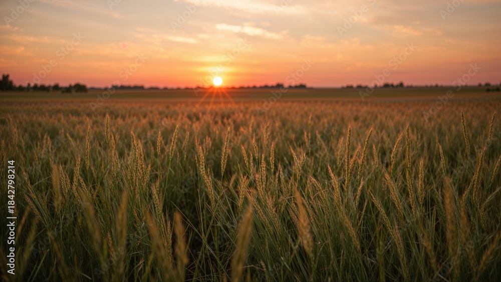 Fototapeta premium Sunset over a vast field of crops with the horizon at dusk. Agricultural landscape with mature plants. The scene of farming and nature at sunset.