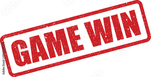 A vibrant red rubber stamp with distressed texture displays the important message GAME WIN in bold lettering