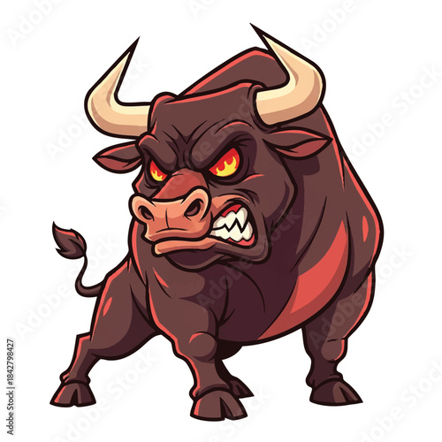 An aggressive bull mascot vector illustration features a furious animal with an intense glare, showcasing flat 2D style and powerful energy against a plain white background.