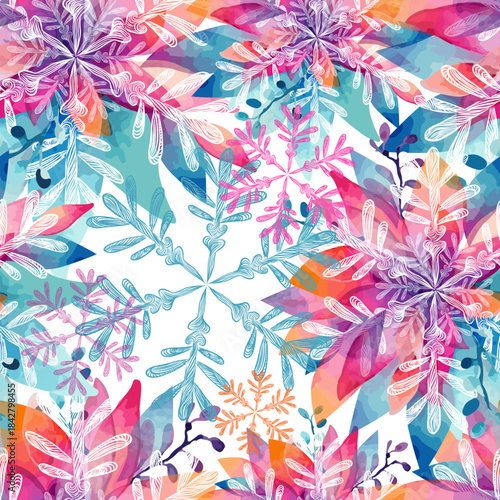 Merry Christmas seamless pattern. Watercolor abstract snowflake painting hand drawing. Not AI, Vector illustrations
