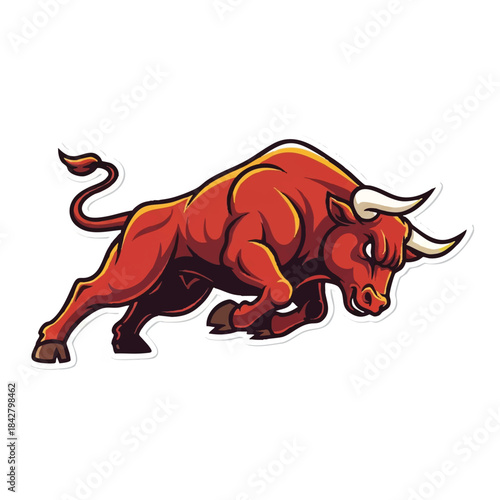 Aggressive charging bull mascot in a dynamic lunging pose, rendered as a bold 2D flat vector illustration isolated on a bright, minimalist white background.