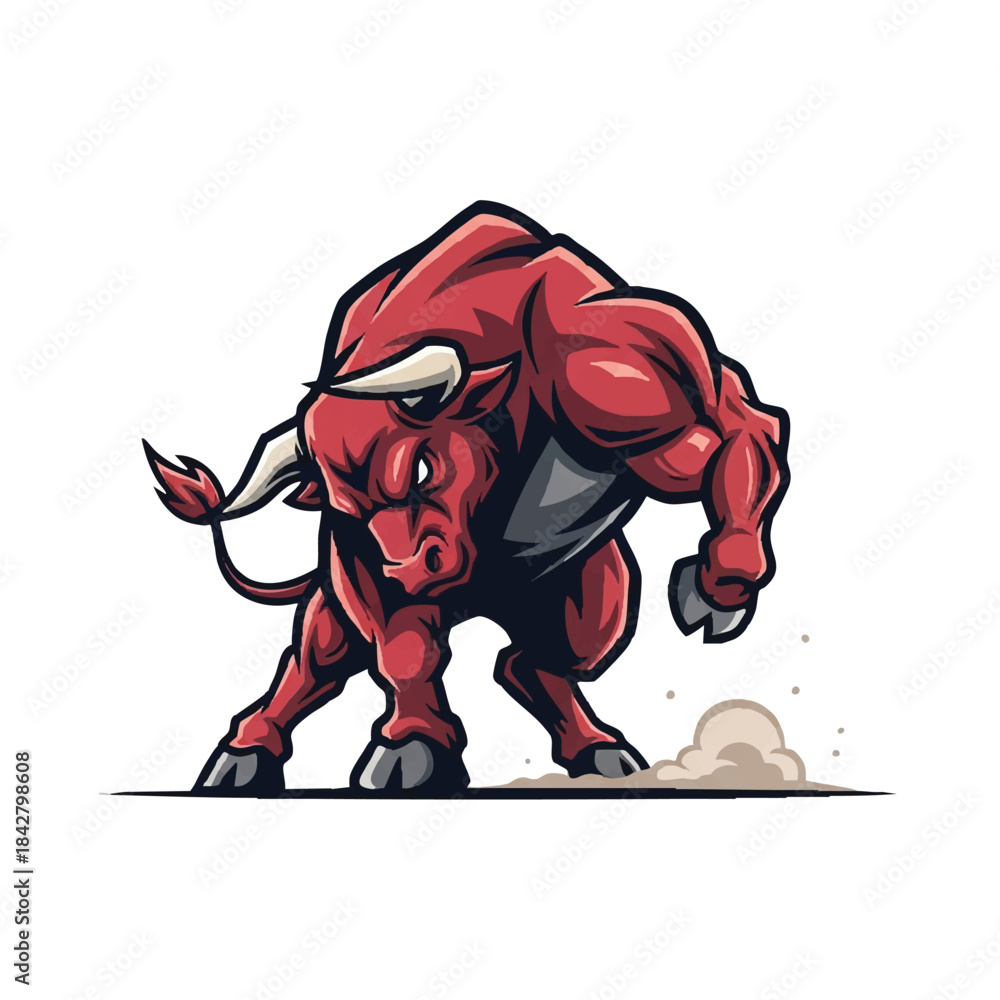 Fototapeta premium Powerful bull mascot, rendered in a dynamic flat 2D vector illustration style, stands aggressively, stomping the ground and ready to charge on a clean, isolated white background.