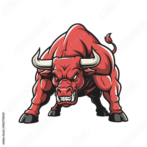 A powerful flat 2D vector illustration of an aggressive bull mascot standing ready to attack, showing sharp teeth and muscular structure on a clean white background.