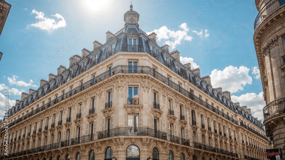 Fototapeta premium A classic Parisian building with colonial architecture and ornate design, featuring an iconic roof and stone facades, under a blue sky with white clouds.