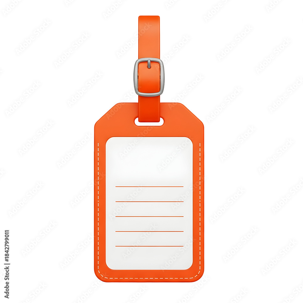 Obraz premium Bright orange luggage tag with white insert and silver buckle perfect for travel identification and baggage security needs