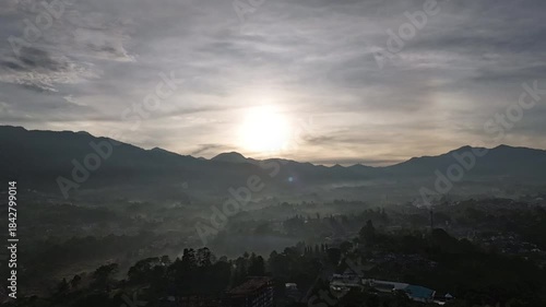 Drone footage of sunrise in the hills of Cisarua, West Java, Indonesia