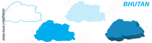 Bhutan Map Vector Set, South Asia Outline Silhouette Dotted 3D Solid Shapes, Bhutan Country Infographic Template, Editable EPS Bhutan Geography