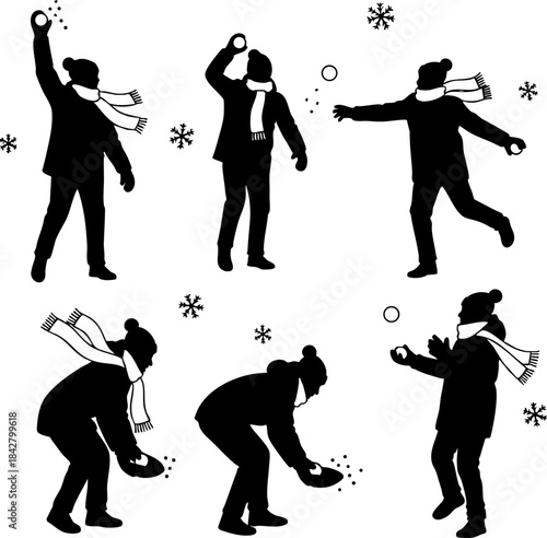 People Playing Snowball Fight Silhouettes