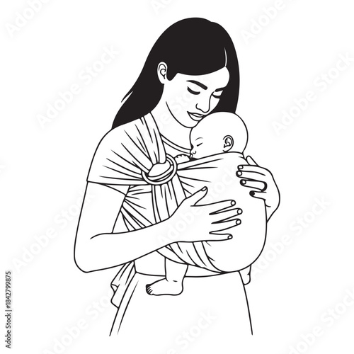 Mother gently holding baby in sling carrier