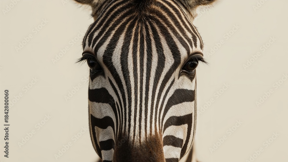Obraz premium Close-up of a zebra's face showing black and white striped patterns and animal features.