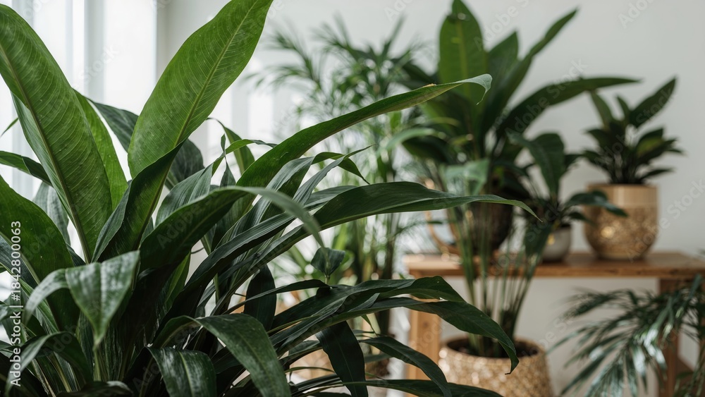 Obraz premium Lush indoor plants with large green leaves in a cozy home setting. Greenhouse and plant care, environment, nature, and home decor. The concept of indoor gardening and greenery.