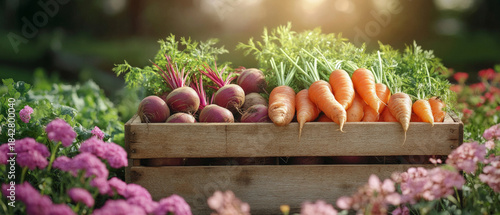 Fresh vegetables in a wooden crate surrounded by flowering plants will emphasise environmental friendliness and serve as the main backdrop for advertising healthy eating and farmers' markets.