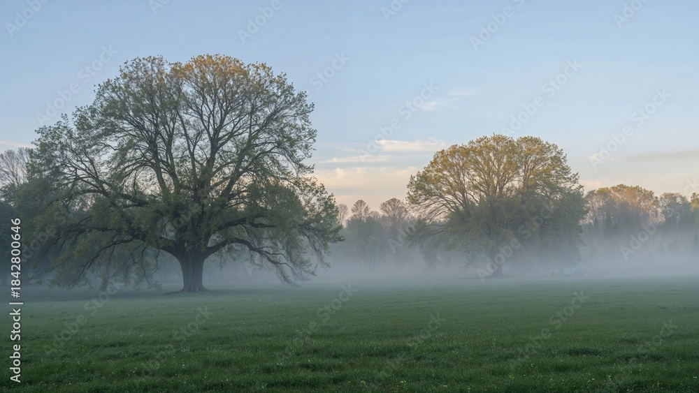 Fototapeta premium Early morning landscape with trees and fog over a grassy field.