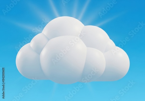 Fluffy white cloud illuminated by bright sunbeams against a clear blue sky