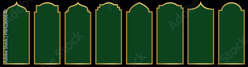 Set Luxury Islamic banner in golden and green frames text box, Islamic shape of door or window silhouette Arabic arch. Arabic muslim architecture design elements, ramadan frames.