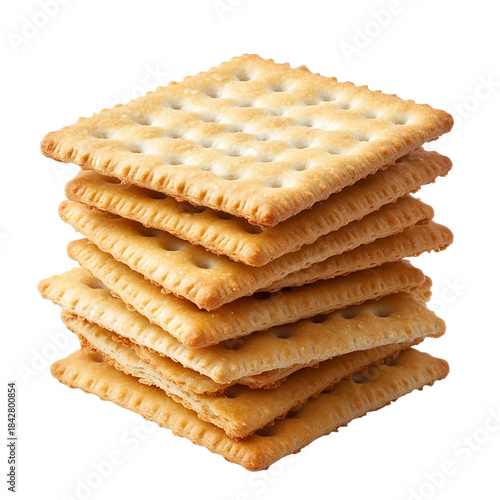 Stacked pile of crispy saltine crackers Isolated transparent on white background