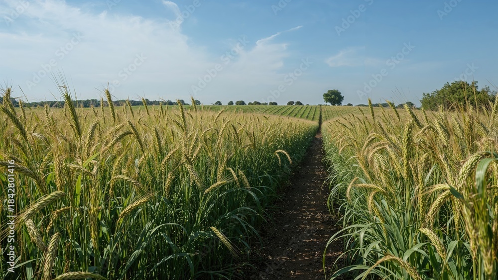 Fototapeta premium Field of tall grain crops with a dirt path running through the middle during daytime. Agriculture and farming, landscape, nature.