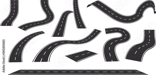 Curved and straight road vector illustrations collection with highway paths, transportation design elements for mapping