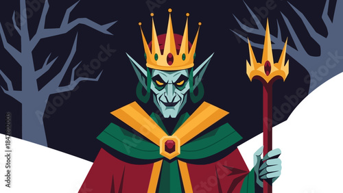 green king with scepter in red cloak fantasy character winter background.