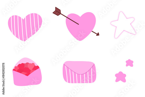 Set of Valentine's Day clipart.Hand drawn cute element in pink with hearts, mail and stars design for decoration.Doodle icon illustration.